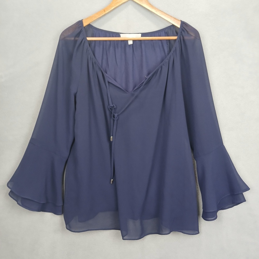 Marled Reunited Blouse Top Womens Small Dark Blue Bell Sleeve V Neck Tie Detail